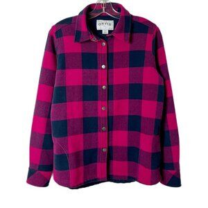 Orvis Women Teton Flannel Shacket M Pink Buffalo Plaid Fleece Lined Shirt Jacket